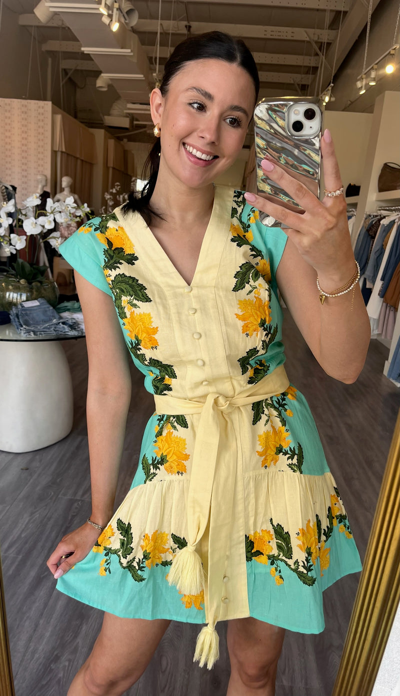 ACS24 Floral Aqua Short Sleeve Button Up Dress w/ Belt
