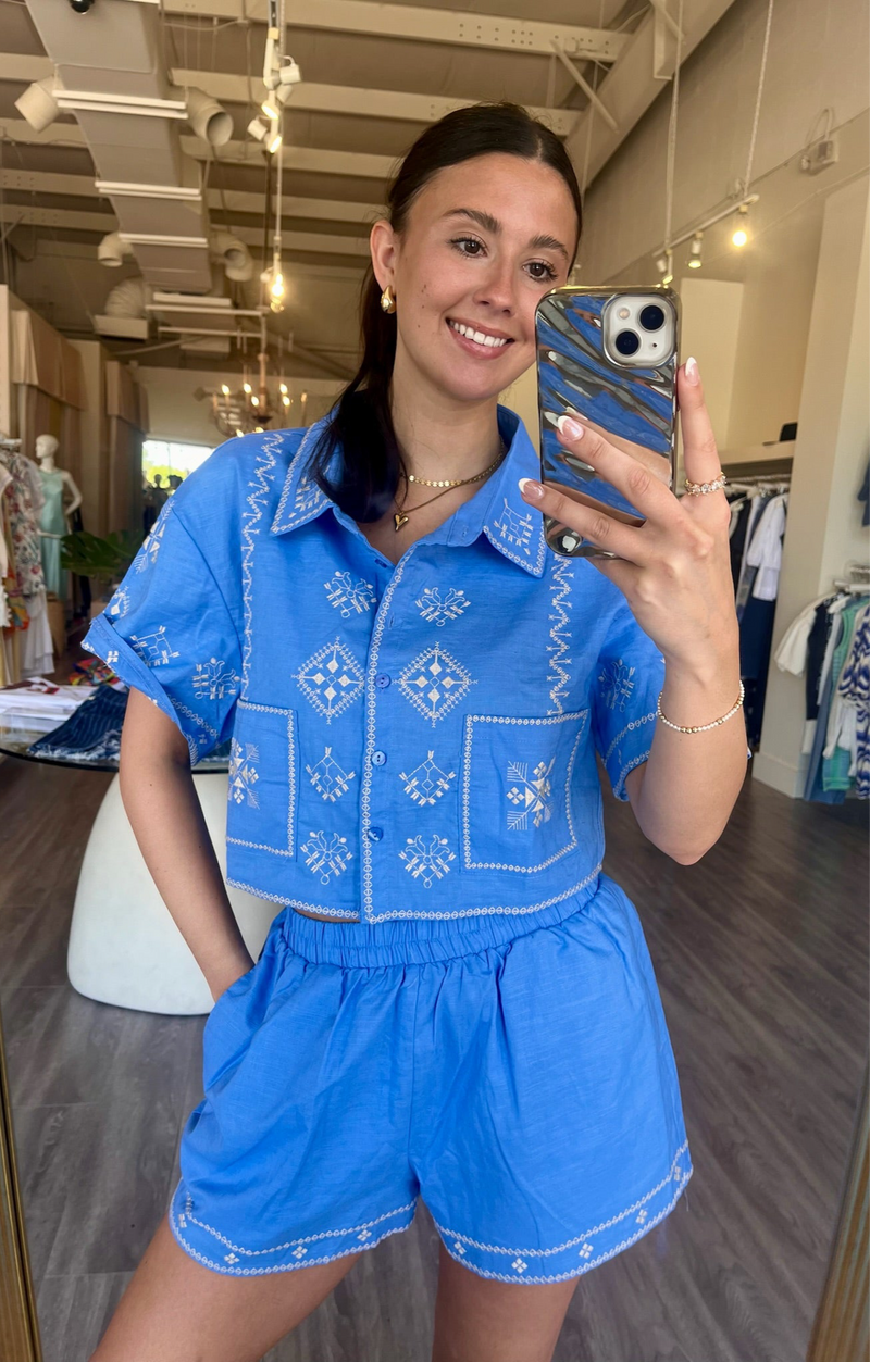 MA8018 Embroidered Half Zip Top and Short Set