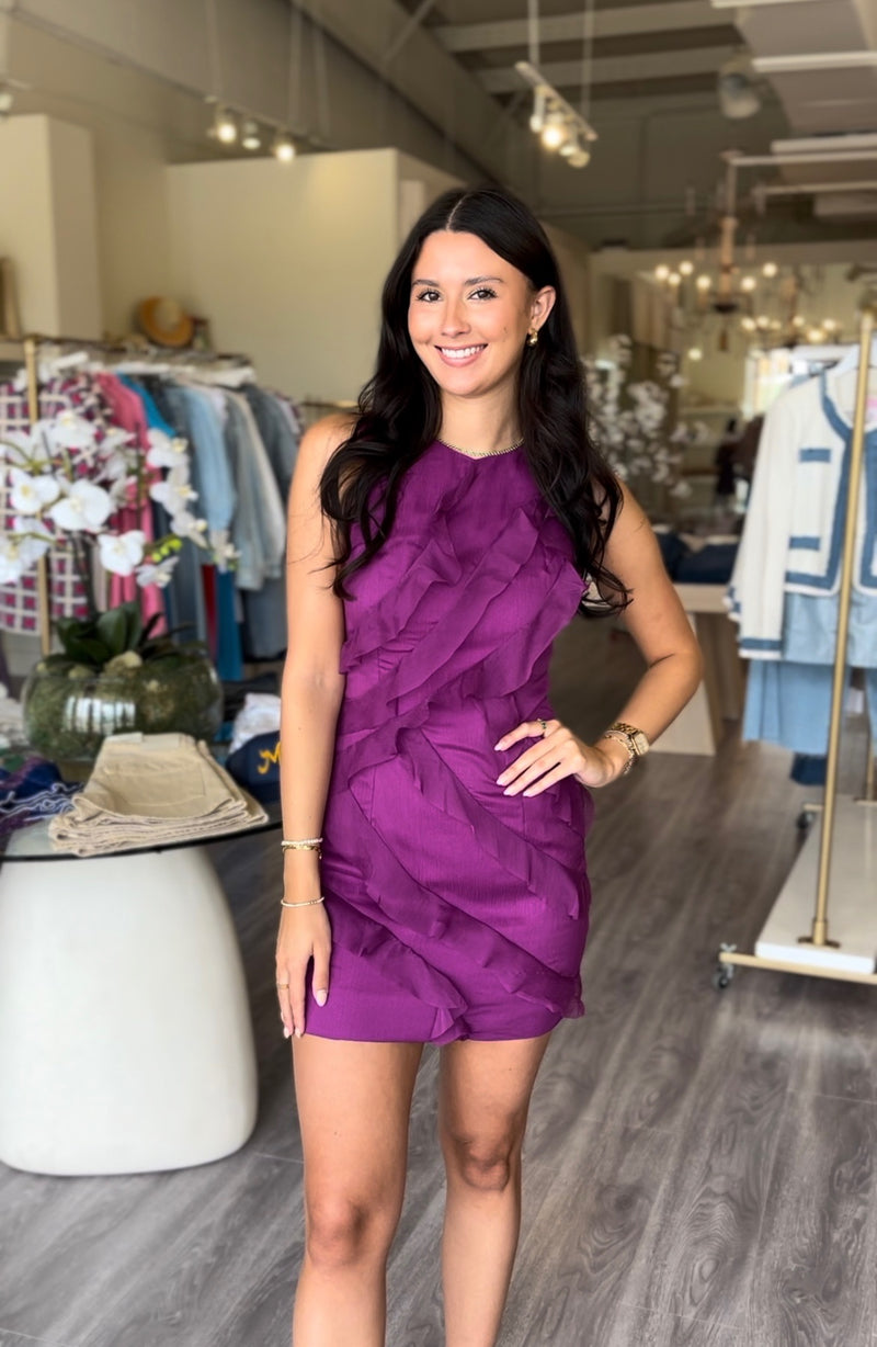 EL2417 mia purple ruffle halter neck mini