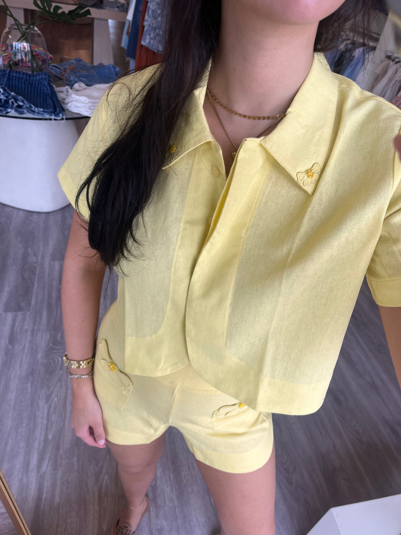 KA3456 Yellow Floral Embroidered Short