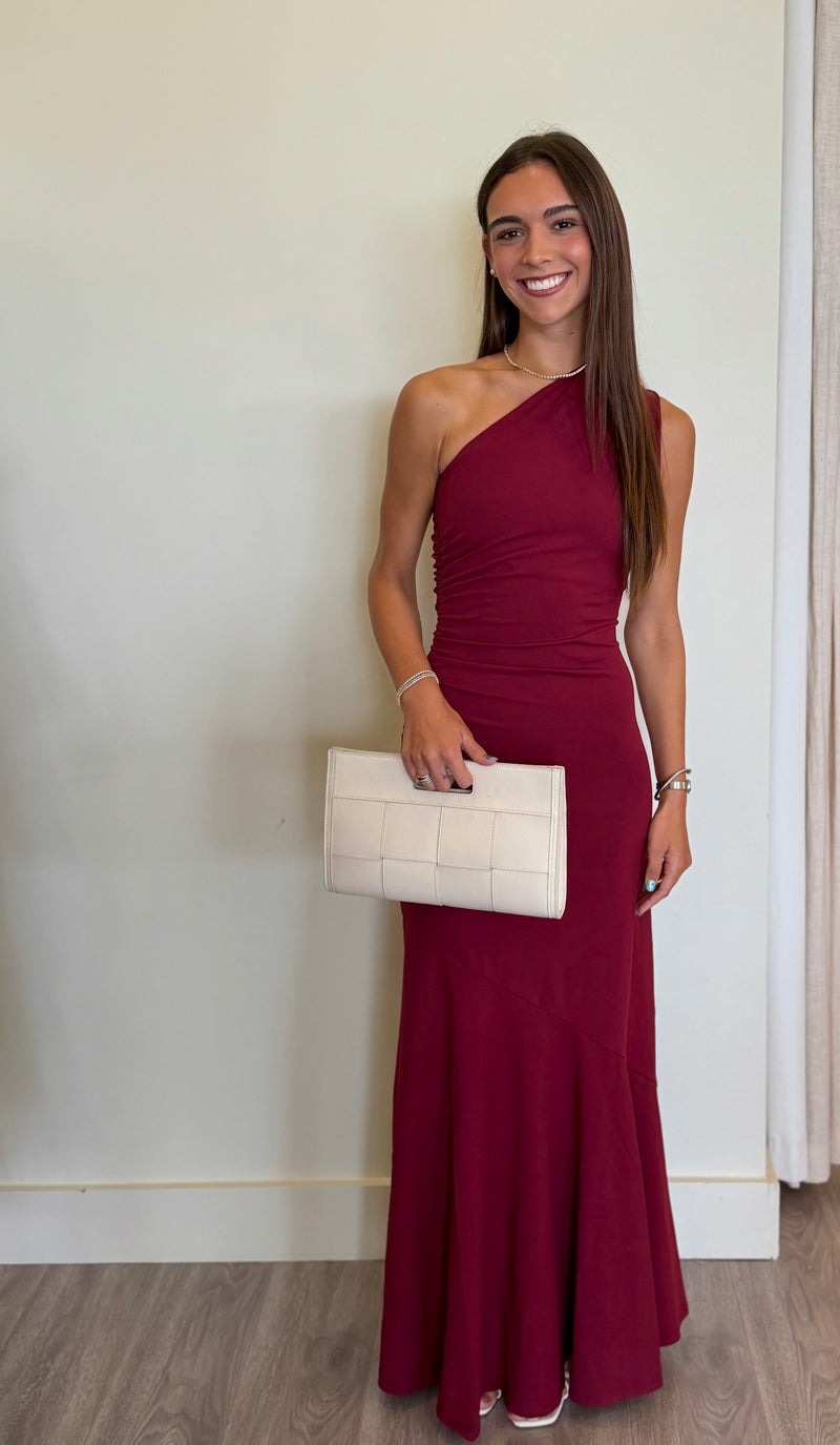 SM2748 Wine One Shoulder Ruched Maxi Dress