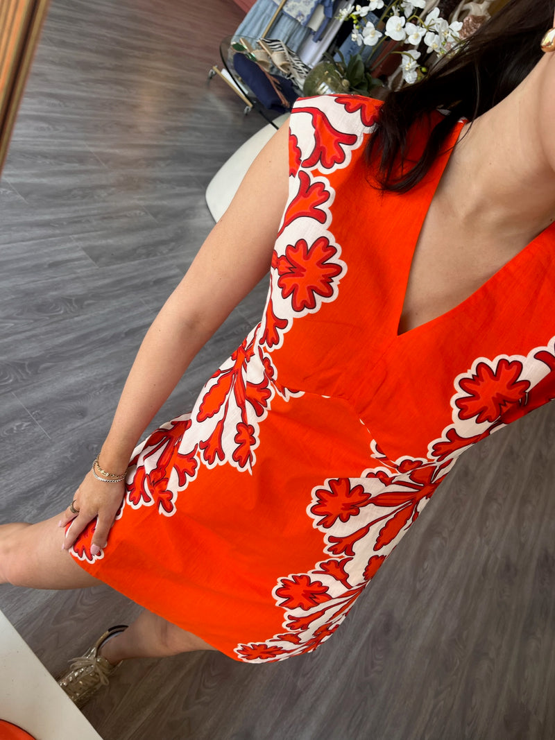 AC Orange Printed V-Neck Mini Dress