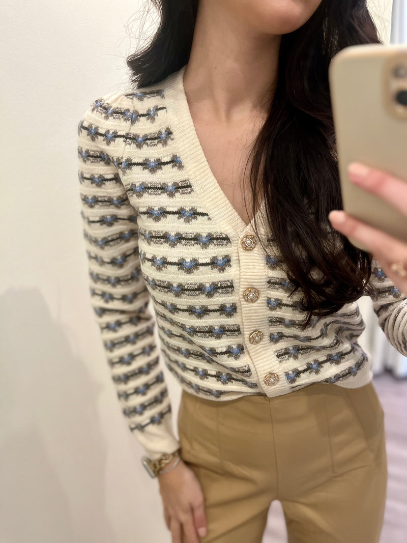 HEb9a ivory cardigan w/ blue & brown detail & pearl buttons