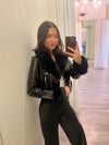 FC5zkz Black Faux Leather Jacket w/ Fur Trim