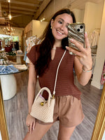 MN2514 Brown Knit SS Top w/ Cut-Out