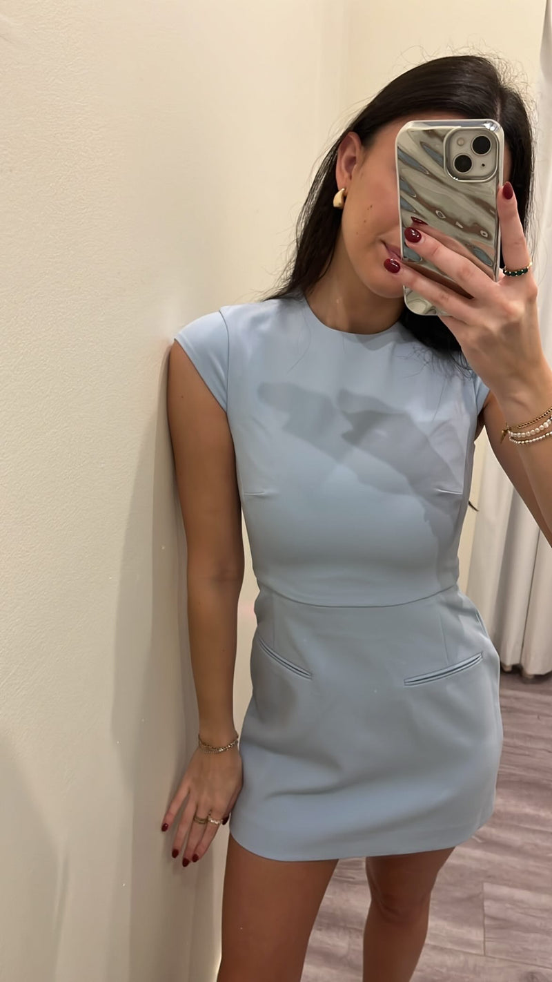 FC1YGW Blue Mock Neck Mini Dress w/ Faux Pockets