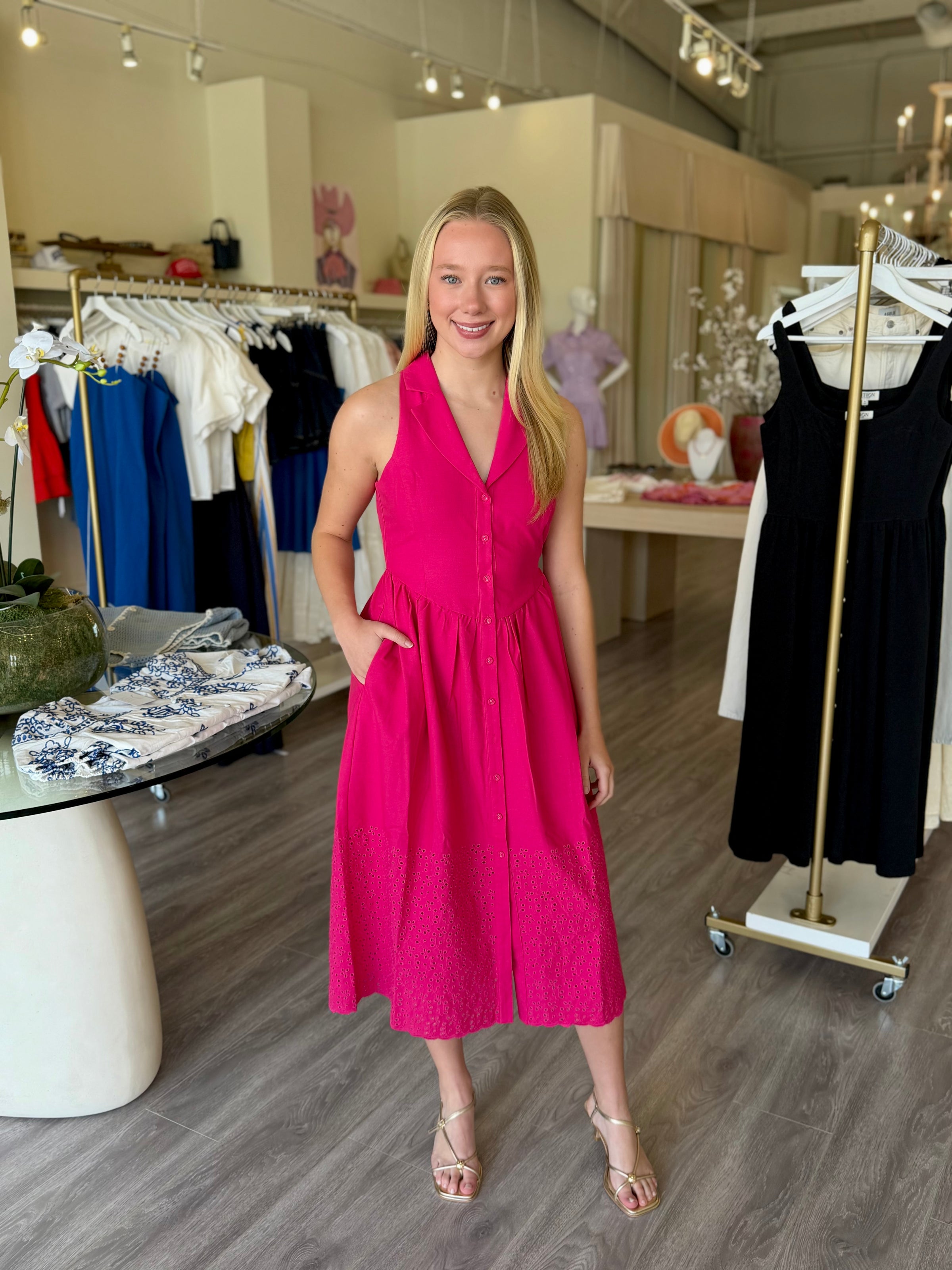 AR7157 Fuchsia Embroidered Halter Midi Dress – Love Boutique Baton Rouge