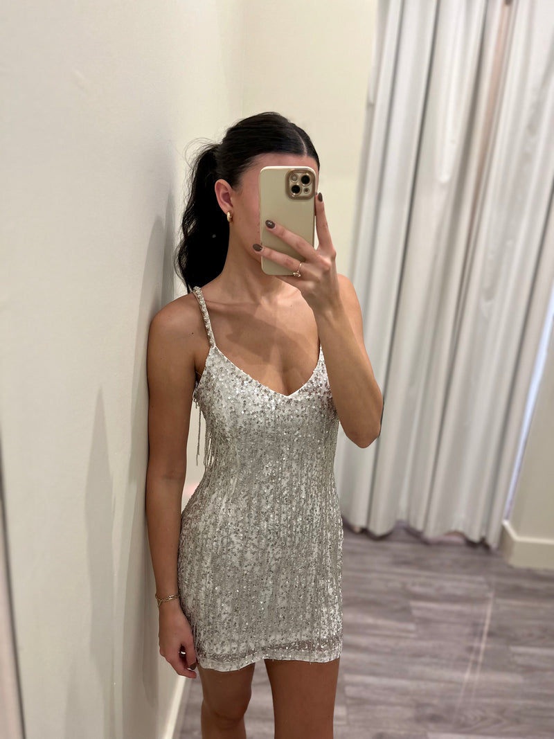 MU5501 silver beaded fringe mini dress