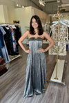 MU6273 Silver Pleated Strapless Maxi Dress