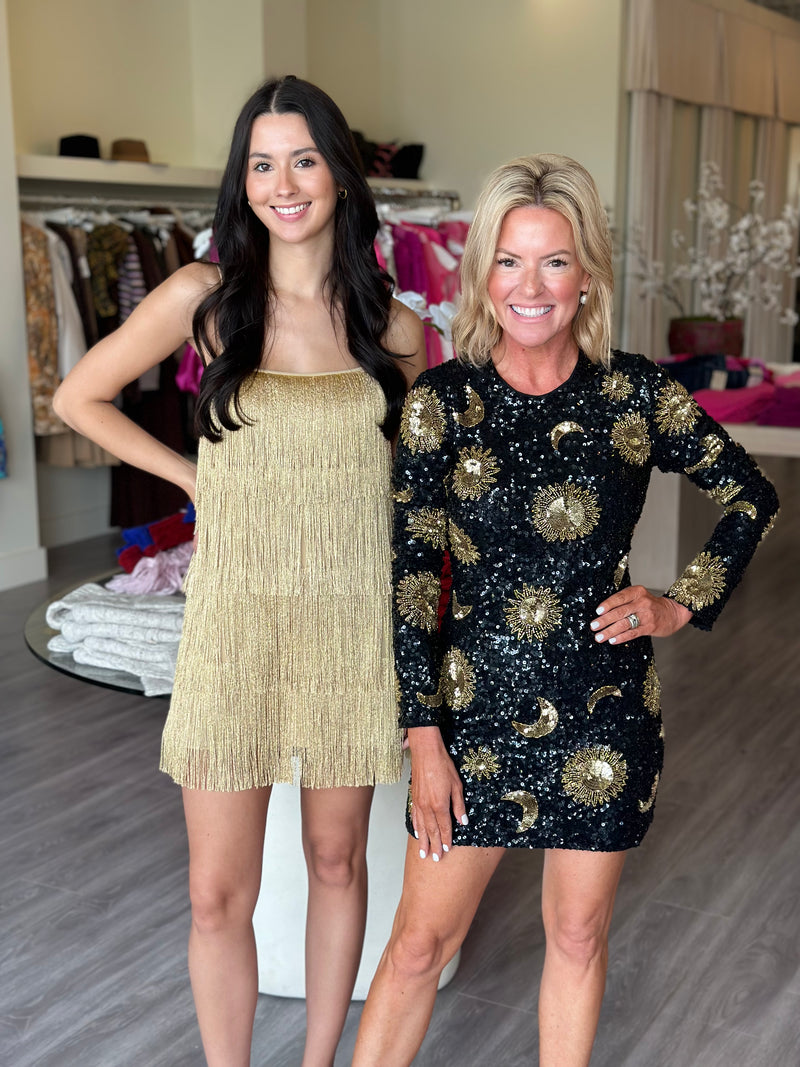 MU5485 Gold Fringe Mini Dress