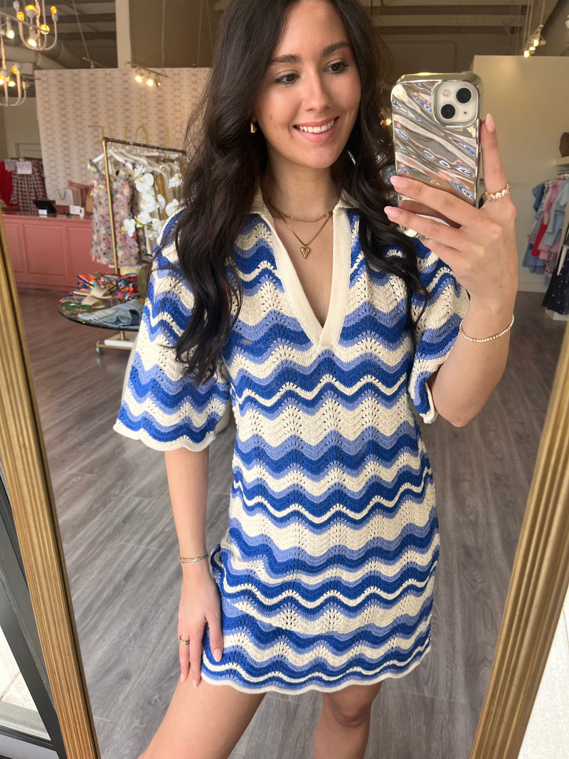 KI222B Blue/Cream Crochet Shift Dress