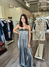 MU6273 Silver Pleated Strapless Maxi Dress