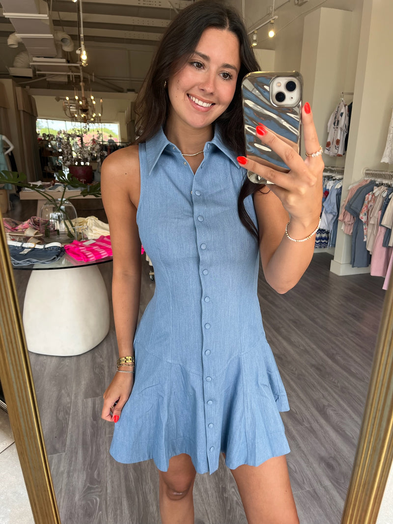 EN4362 Chambray Button Front Collared Mini Dress