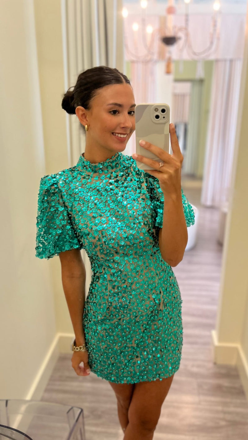 QOS green floral sequin poof sleeve dress