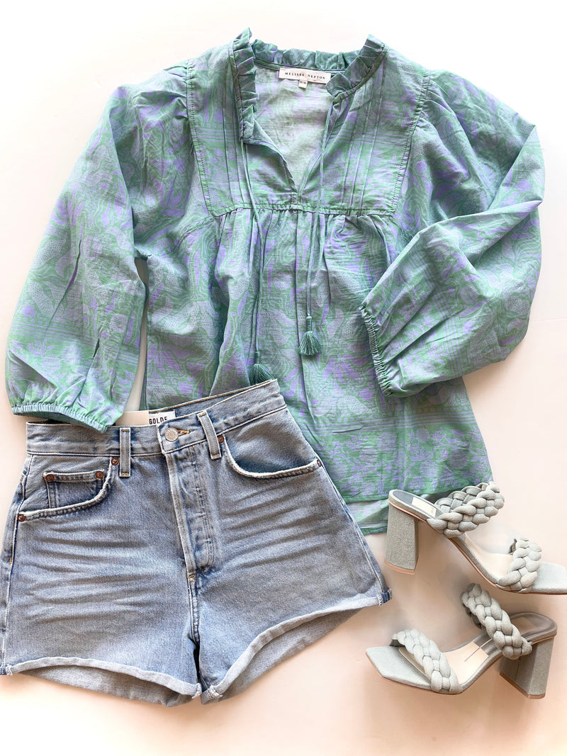 MN green and lavender print blouse