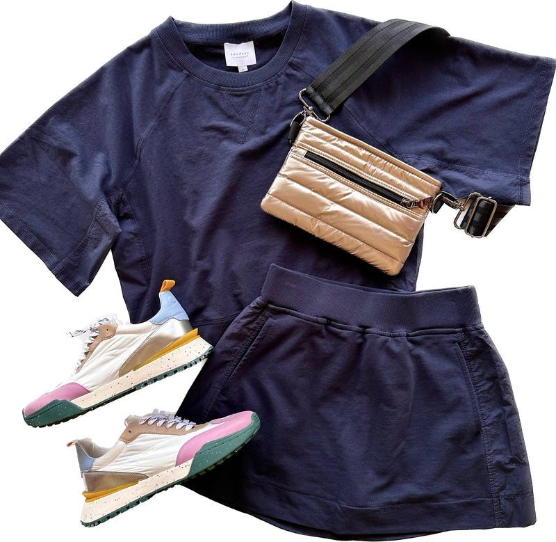 Sun49 navy boxy mixed ponte short sleeve top