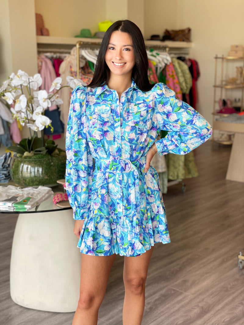 EL311 Blue floral belted mini dress