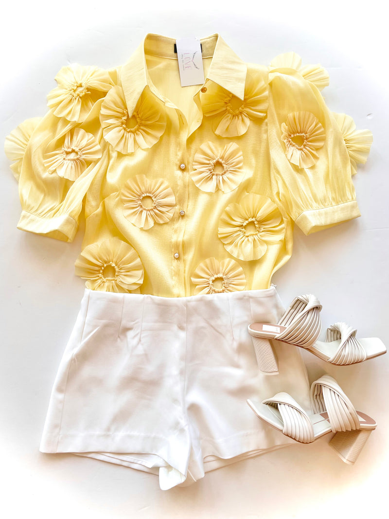 B2145 yellow collar flower sheer puff sleeve
