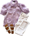 BE2183 Lavender 3D Floral Sheer Blouse