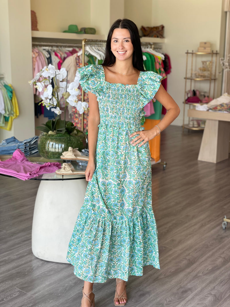 AC Teal/Blue Print Ruffle Sleeve Midi Dress