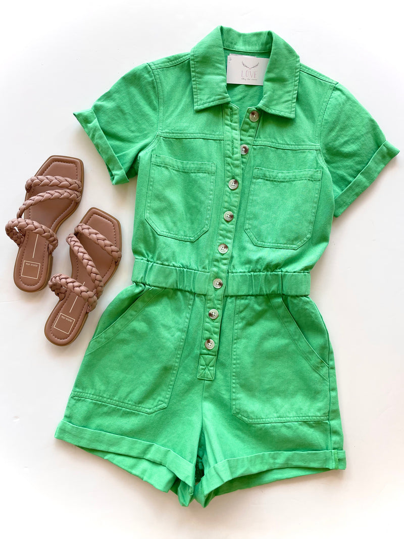 MM629 green denim romper