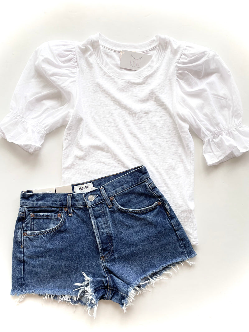 NA2261 White Crew Neck Puff Sleeve Tee