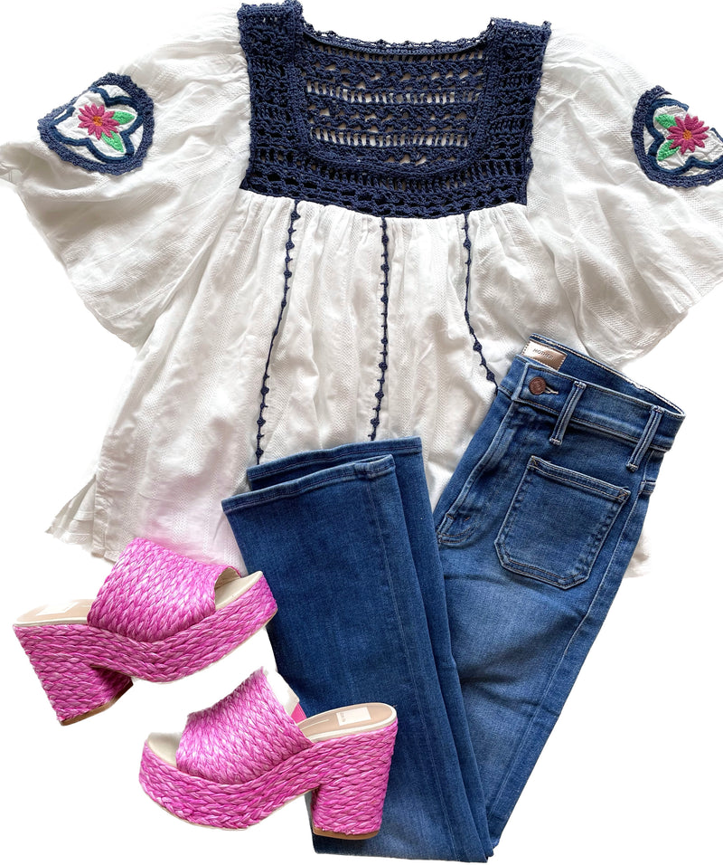 CL4069 White Blouse w/ Navy Crochet Detail