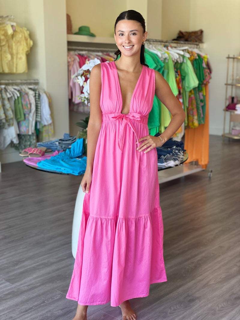 ST2171 solid pink vneck maxi dress