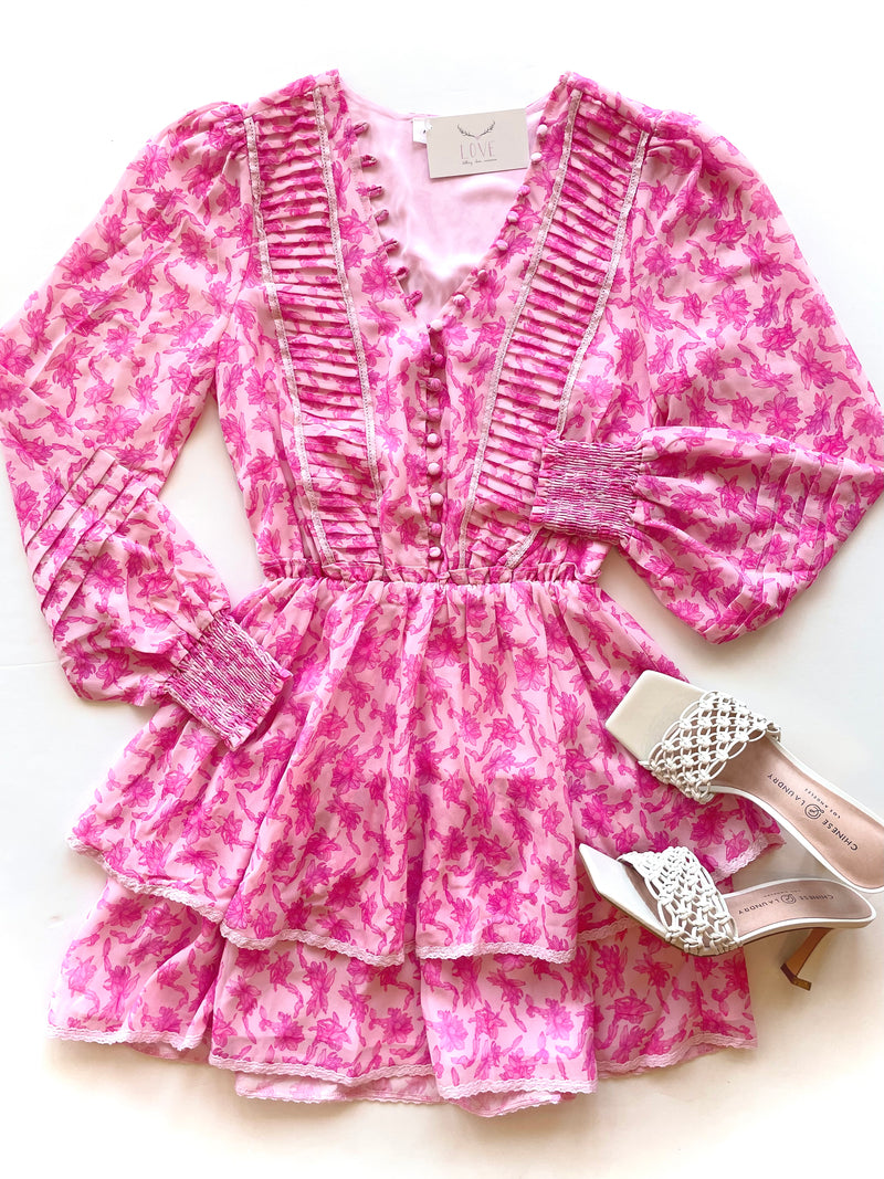 AL205 Pink floral button collar mini dress