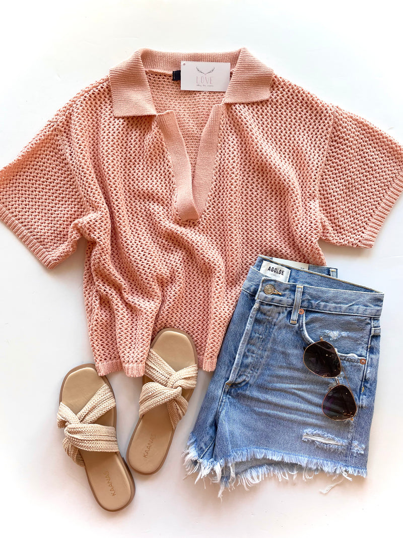 KDL4578 Peach Open Knit Collared Pullover Top