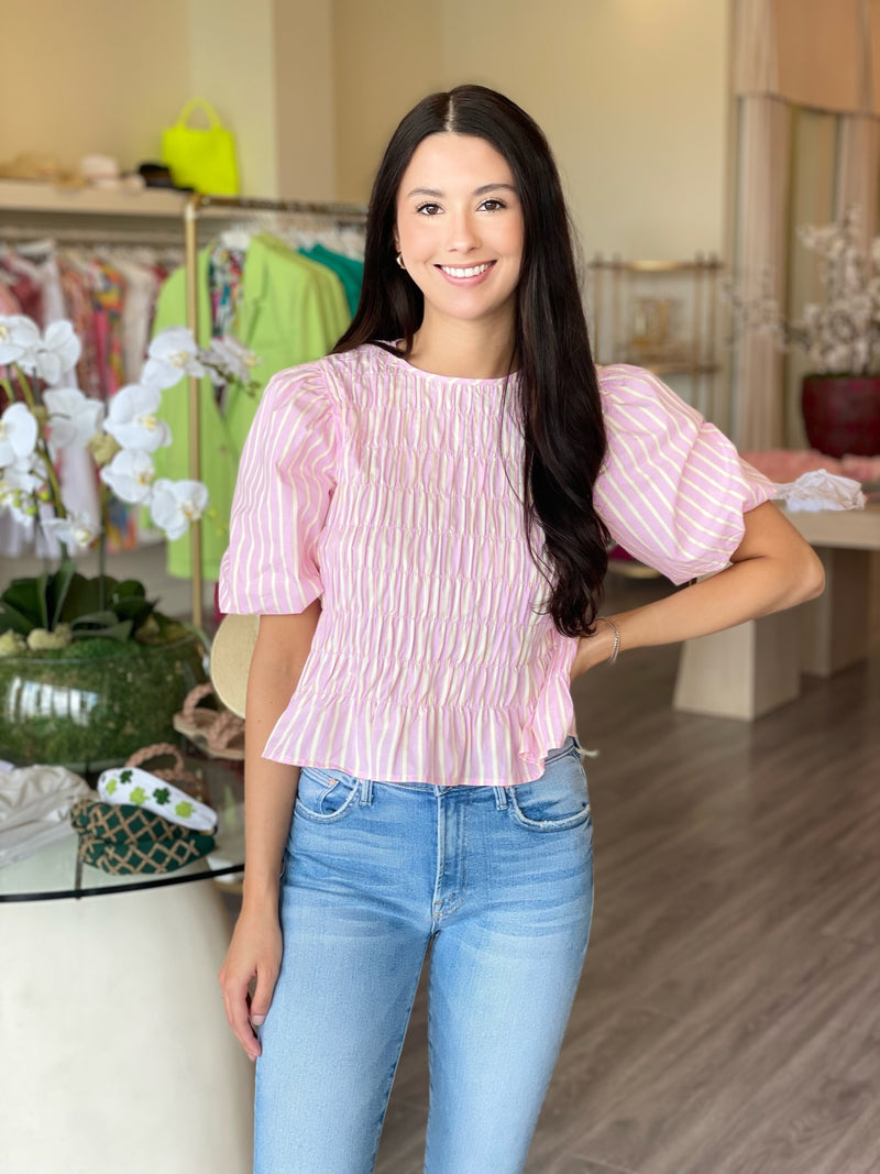 SA2242 pink and yellow smocked puff sleeve top