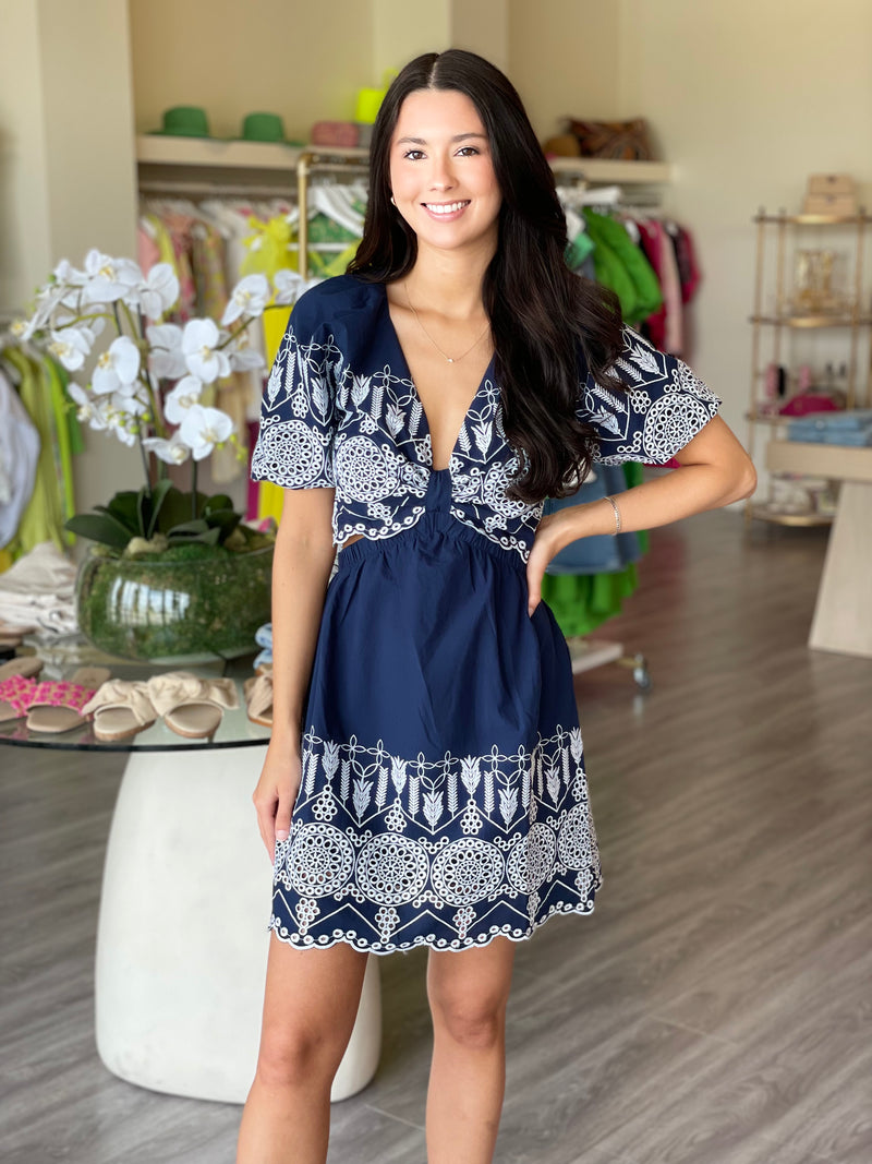 GR5325 Navy/White Embroidered Cutout Mini Dress