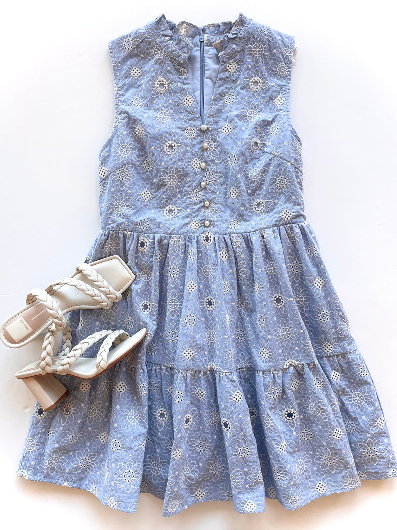 KA9284 Blue floral tier slvless dress