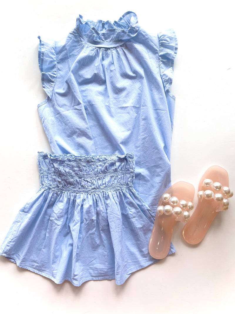 ST1302 Blue Ruffle Sleeveless Top