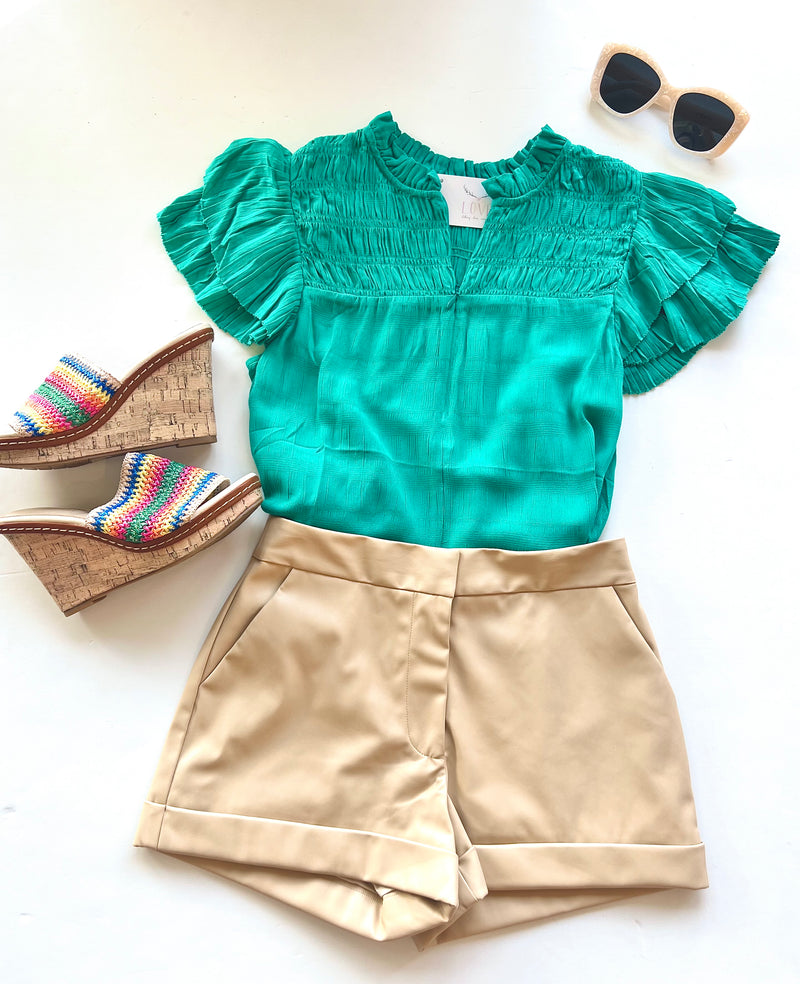 CA1171 Green Zip Up Ruffle Sleeve Top