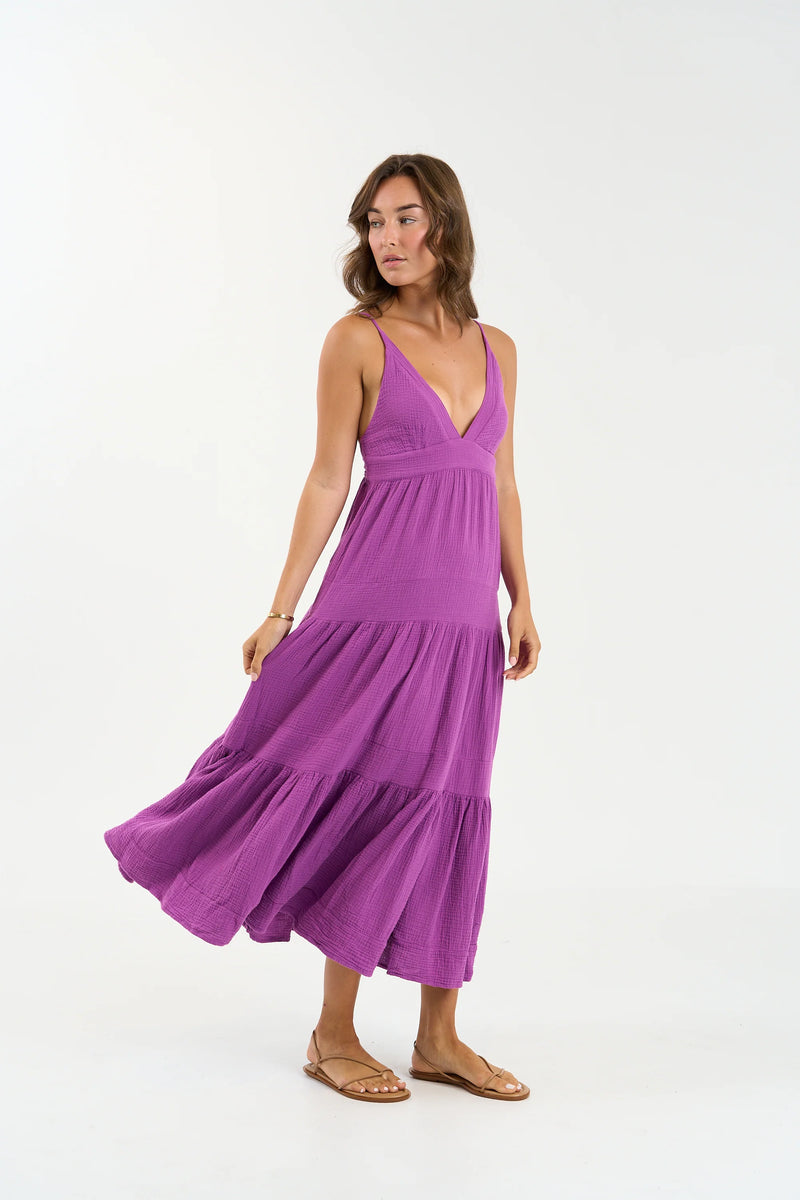 SU2314080 Purple Tiered Midi Gauze Dress