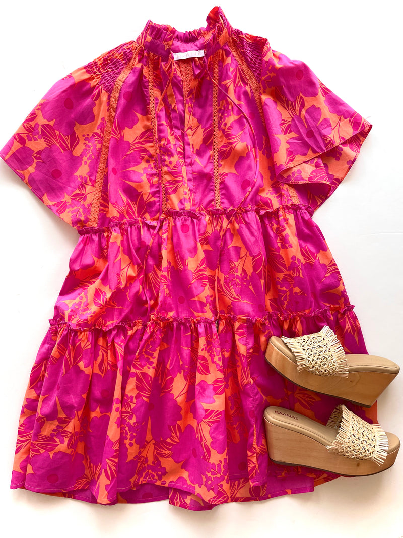 KA2205 Floral tropical smocked shoulder dress