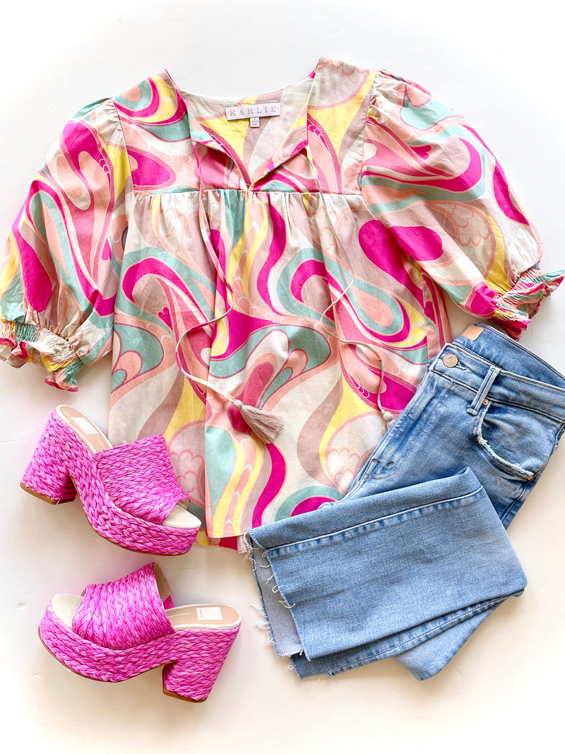 KA8735 Abstract swirl poplin puff sleeve top
