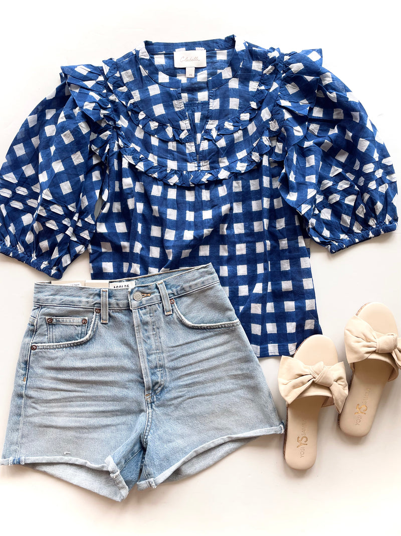 CL34014 Blue Plaid Puff Sleeve Blouse