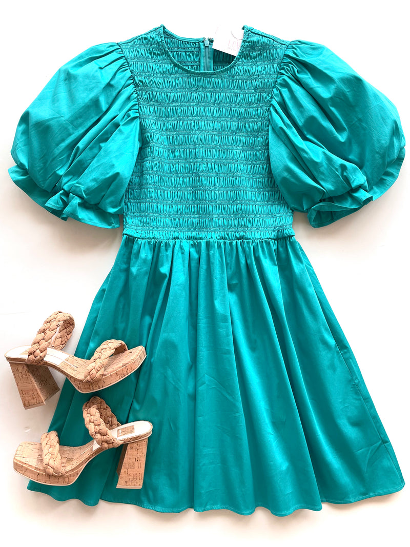 CR13130 teal puff sleeve smocked dress