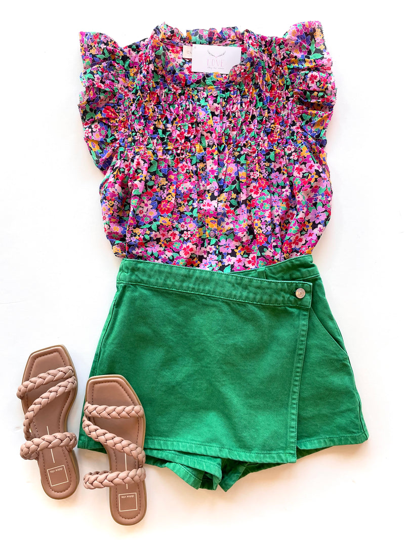 CA1159 Floral Ruffle Sleeve Button Down Top
