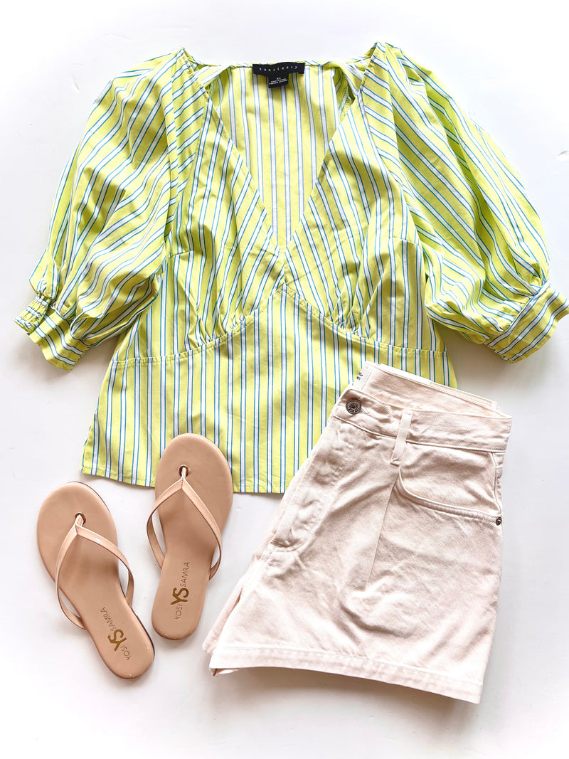 SA9BQ7 Green Striped V Neck Puff Sleeve Top